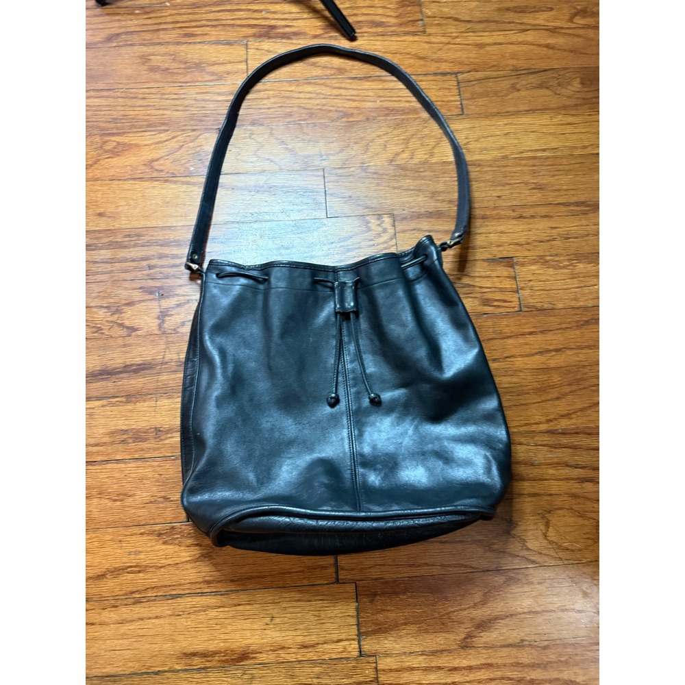 Vintage Black Leather Drawstring Bucket Bag Crossbody Shoulder Purse Cinch Top